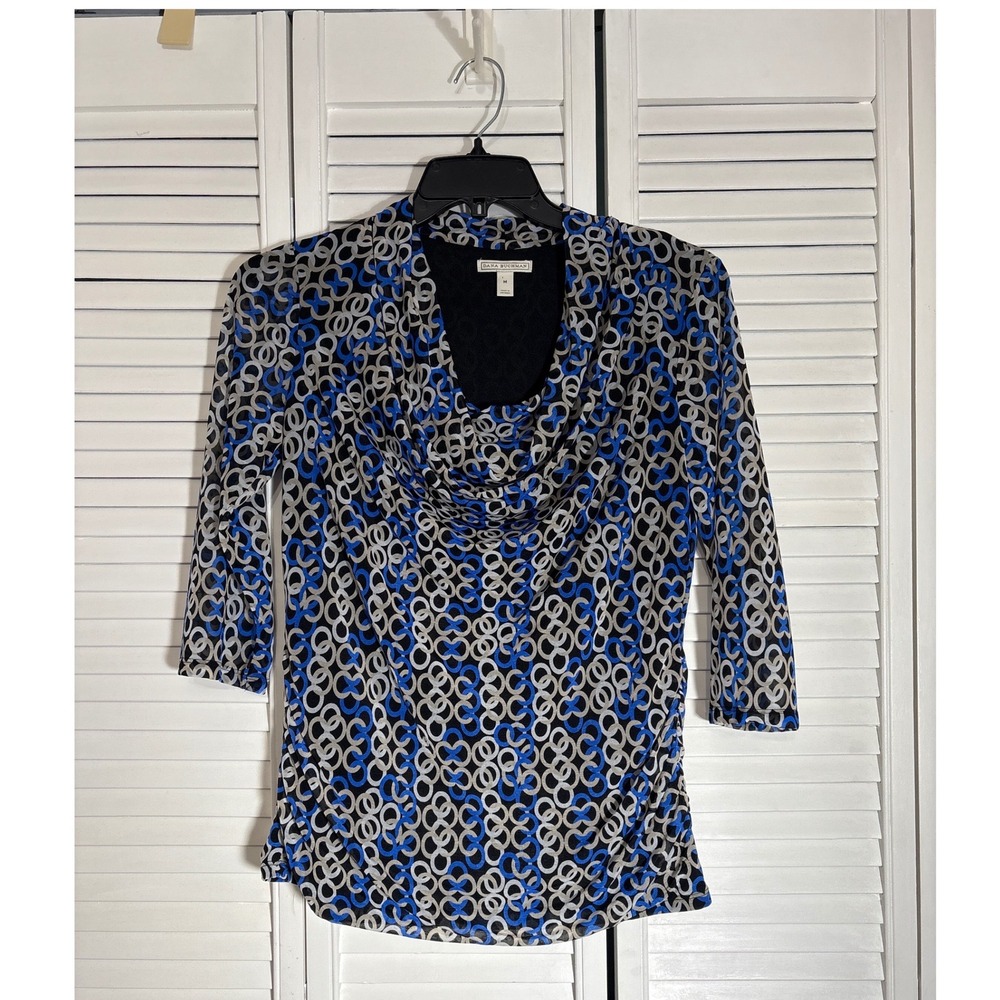 Dana Buchman Womens Blue Geometric Chain Link Cowl Neck 3/4 Sleeve Blouse M